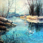 painting of fisherman fishing in stream