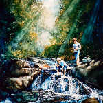 painting of boys fishing by waterfall creek