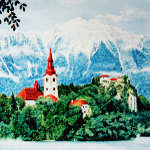 Painting of Bled Island Slovenija Mountain Scene