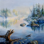 Misty Lake Island Sunrise Painting