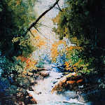 painting of creek waterfall in woods