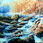 autumn stream waterfall colorful painting