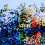 painting of colorful autumn trees and rocks reflecting in lake