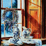 still life painting of objects on farmhouse window sill