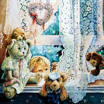 still life painting of teddy bears and lace curtain