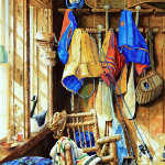 painting of fishing gear, canoe paddles and life jackets