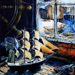 still life painting of model ship and carving tools