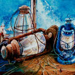 still life painting of hurricane oil lamps