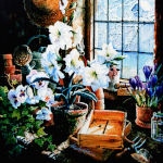 still life painting of garden potting shed