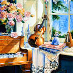 still life painting of piano violin on window sill
