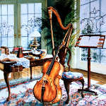still life painting of musical instruments in a conservatory