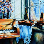 still life painting of piano in a sunny window
