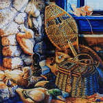 painting of duck decoys and snowshoes by a fireplace