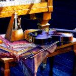 still life painting of violin on piano bench