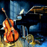 piano cello violin Frnch horn still life painting