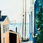 painting of the Bluenose between homes of Lunenburg