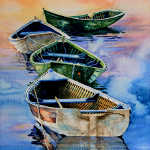 painting of dories, rowboats in the mist