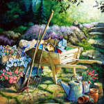 painting of wheelbarrow bird houses tools blooms