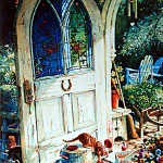 still life painting of garden shed door