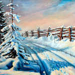 Winter Snow Tracks rail fence oil painting