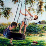 painting of girls playing on a tire swing