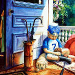 painting of sleeping boy with puppy