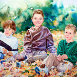 painting of boys playing in autumn leaves
