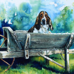 pet portrait painting of hound dog in wheelbarrow