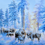 winter painting of buffalos at sunrise